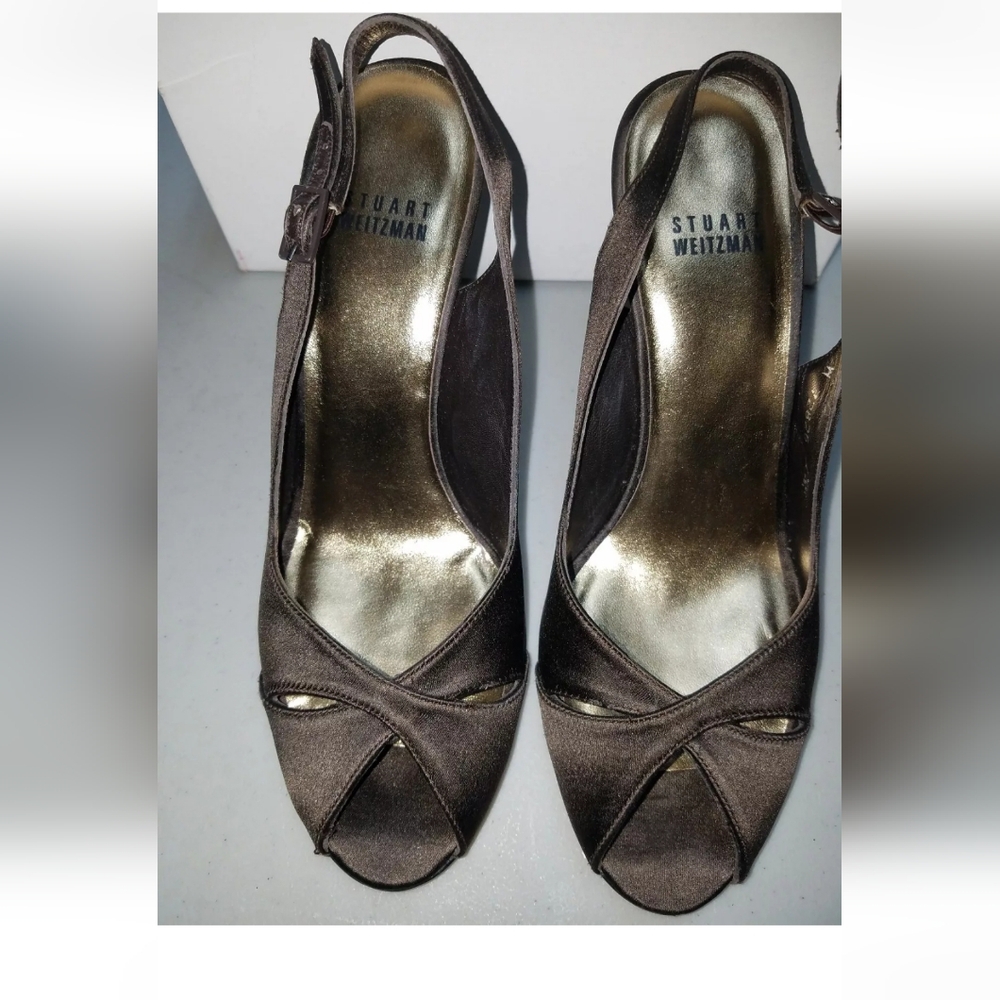 Stuart Weitzman Brown Satin Peep Toe Sling Back Heels Sz 7 1/2 M